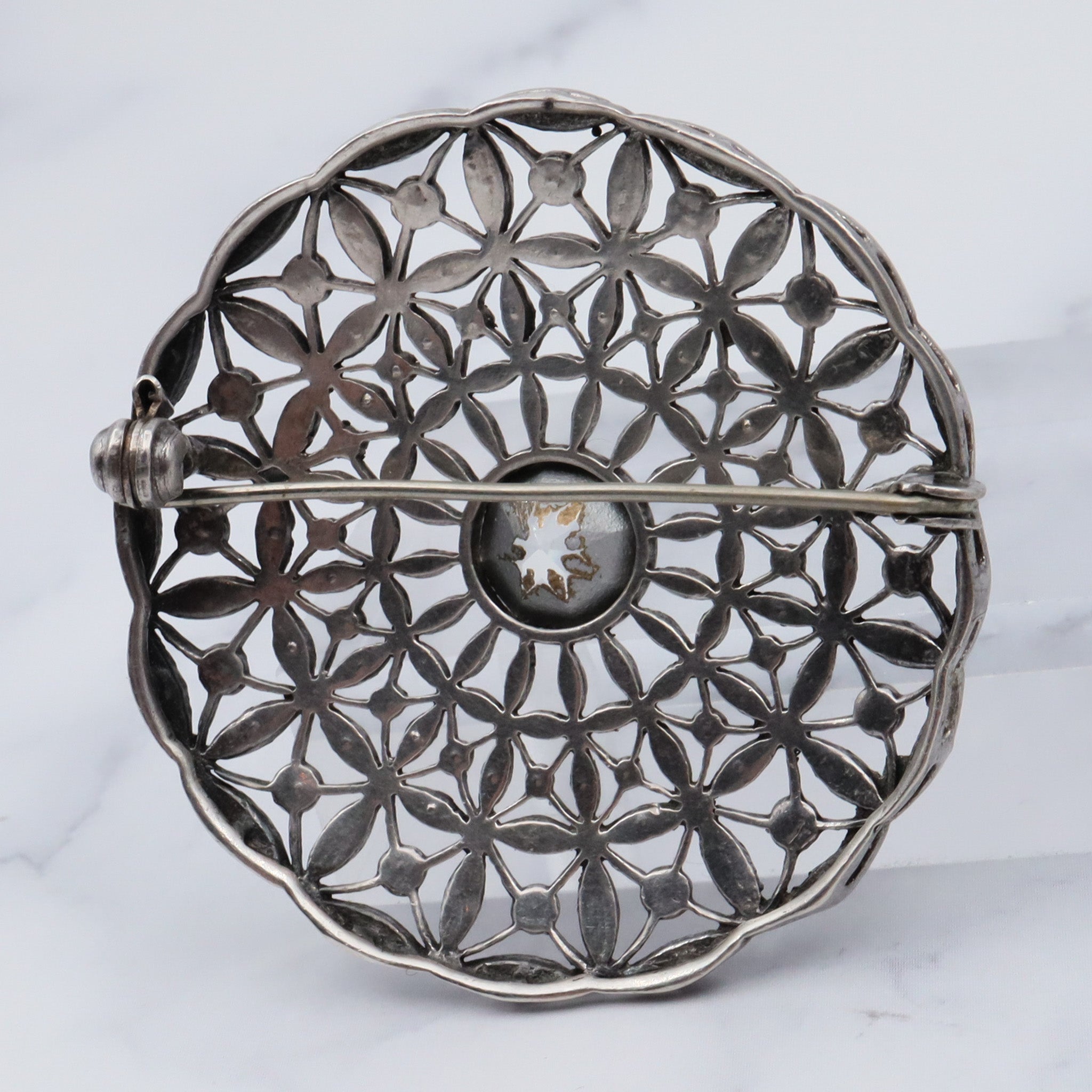 Antique French Art Deco .900 silver & paste filigree circle brooch by Andre Godefroy